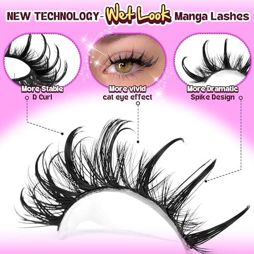 Manga Lashes Cat Eye Dramatic False Eyelashes Wet Look D-Curly Long Anime Lashes Strips Thai Style Manhua Lashes Strips Cosplay Eyelashes Wispy Spiky Lashes 12-20MM 9 Pairs by Zegaine thumbnail 6