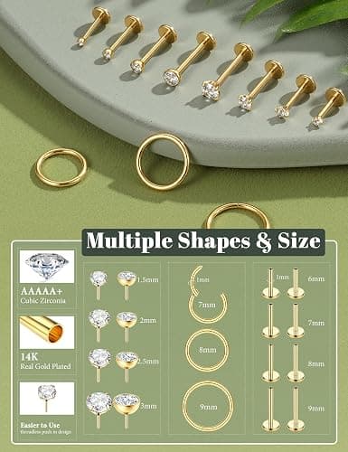 CASSIECA Nose Stud Nose Ring Hypoallergenic Labret Piercing Stainless Steel | 13Pcs 16/18/20G Nose Piercing Kit Gold Silver Nose Studs Nose Rings Threadless Lip Tragus Labret Cartilage Piercing Jewellery thumbnail 2