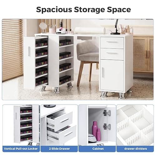 Nail Desk,Professional Manicure Table with Wrist Rest,2 Drawers&Cabinet | Nail Station Beauty Technician Desk with Electric Dust Collector& Dust Bag,Nail Table with Pull-out Locker&8 Metal Legs,White thumbnail 5