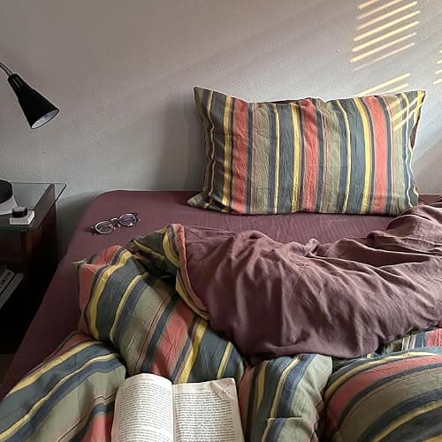 mixinni Vintage Striped Duvet Cover Set Queen Size - 3 Piece 100% Washed Cotton Bedding Set, Soft & Breathable, Colorful Striped Pattern Printed Comforter Cover for All Seasons thumbnail 9