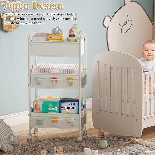 3-Tier Baby Diaper Caddy Cart Organizer,Mobile Nursery Organization with Wheels,with 2 Dividers & 14 Mesh Pockets Durable Metal Utility Cart for Nursery, Bedroom, Bathroom Essentials Organization - 17"Wx11"Dx32.45"H - White thumbnail 3