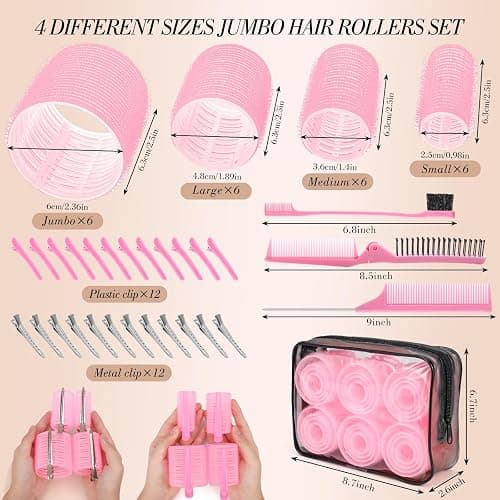Obeoby 4 Sizes Hair Rollers for Women, Hair Curlers with Clips Comb Curlers for Long Short Curly Hair and Bangs (25, 36, 48, 60mm), Pink Gifts thumbnail 2