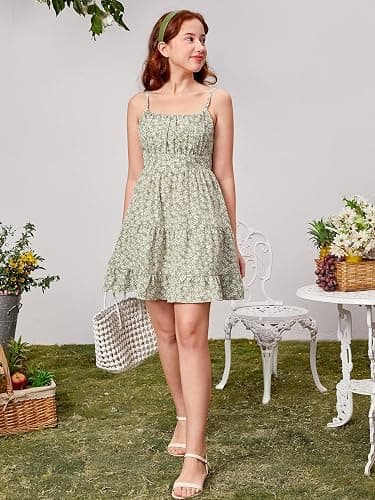 RoseSeek Girl's Summer Dress Floral Ruffle Hem Spaghetti Strap Ruched Bust Cami Short Dress Sundress - 16 Years - Light Green thumbnail 5