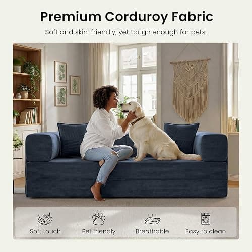 CUBENTE 78.8" Convertible Futon Sofa Bed, Boneless Couch for Living Room | Corduroy Boneless Loveseat Sleeper Sofa, Modular Futon Couch with Storage Pocket, Pull Out Couch No Assembly | Royal Blue thumbnail 6