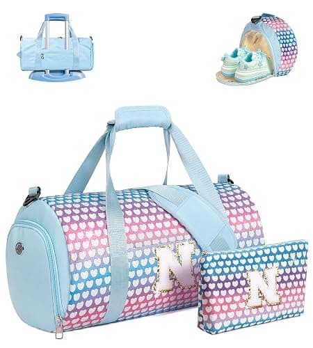 Vogewood Girl Initial Sparkly Dance Duffle Bag, Birthday Gift for Daughter | Overnight Travel Bag with Makeup Pouch & Wet Dry Pocket, Gymnastics Bag with Shoe Compartment,Niece Birthday Gift Ideas - Image 1