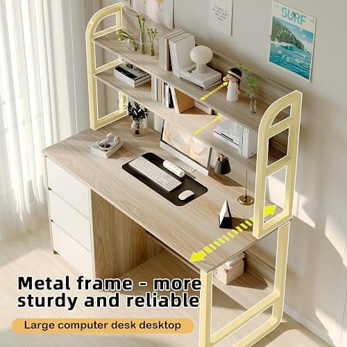 MaverickFurni Computer Desk with Hutch, 47 Inch Small Desk with 3 Drawers for Bedroom, Study Writing Desk with Shelves for Small Spaces, Adjustable Feet, Light Walnut thumbnail 4