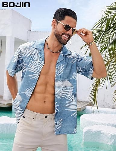 BOJIN Men's Hawaiian Shirts Short Sleeve Button Down Casual Shirts Summer Printed Tropical Floral Aloha Beach Shirts thumbnail 3