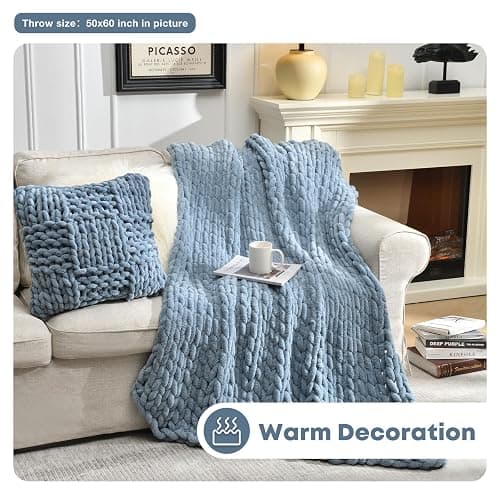 Feabuccy Soft Chunky Knit Blanket, 50X60 in Handmade Thick Chenille Yarn Throw Without Shedding & Raveling, Aesthetic & Cozy Home Decor with Couch Sofa Bed, Gift Pack, Airy Blue thumbnail 4