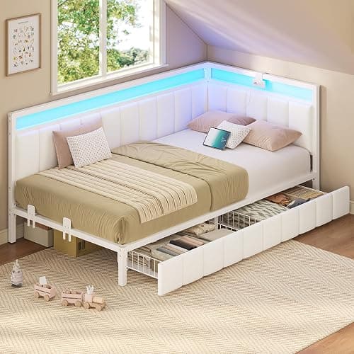 Hasuit Corner Bed Frame with Storage Drawers, Twin Daybed with Line Fabric Upholstered Fence, Kids Bed Unit with LED Light and Charging Station, Modern Bed Frame Twin Size, Beige thumbnail 2