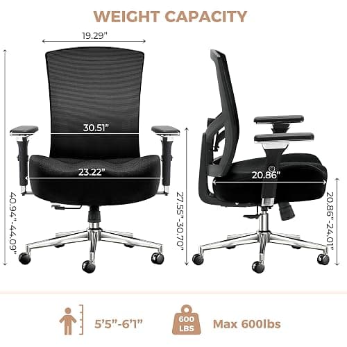 600lbs Big and Tall Office Chair,Oversized Ergonomic Breathable Mesh Desk Chair with W-Shape Thicken Seat Cushion,Computer Chair with Upgraded 4D Armrest,Lumbar Support for Heavy People All Day thumbnail 3