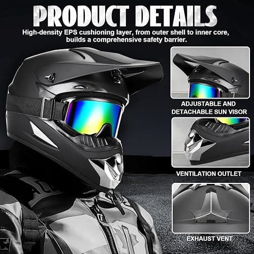Full Face Dirt Bike Helmet DOT Certified - Complete Adult ATV Helmet Kit with Goggles, Gloves & Mask, Adjustable Visor, Quick Release thumbnail 2