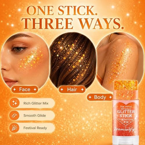 Paminify Orange Hair Glitter Stick,Cheer Orange Body Face Glitter Stick,Waterproof Singer Concert Outfits for Women,Mardi Gras Accessories,Halloween Chunky Glitter Cosplay Makeup Sequins thumbnail 3