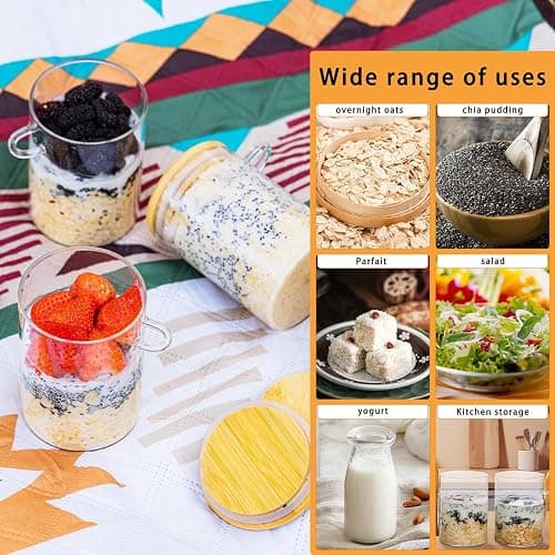 Overnight Oats Jar,4 Pack Meal Prep Containers With Lids, 16oz Oats Jar Glass, Overnight Oats Containers With Lids, Chia pudding jars with lids, Oatmeal Cups thumbnail 5