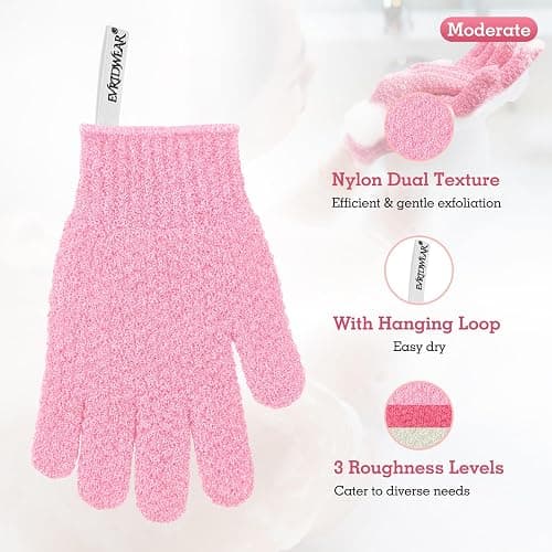 Evridwear Exfoliating Gloves for Shower, 100% Nylon Thick Soft Medium Heavy Bathing Gloves Dead Skin Remover Body Scrubber Smooth Skin with Hang Loop, 2 Pairs Moderate Pink thumbnail 2