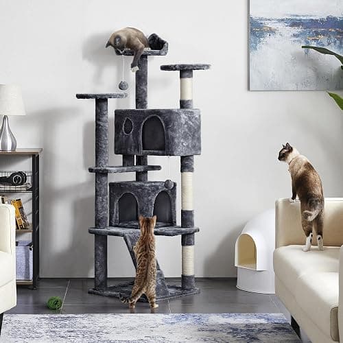 Yaheetech 62in Cat Tree Cat Tower for Indoor Kitty, Pet Furniture w/Double Condo, Scratching Posts, Multiple Platforms and Balls for Kittens, Dark Gray thumbnail 2