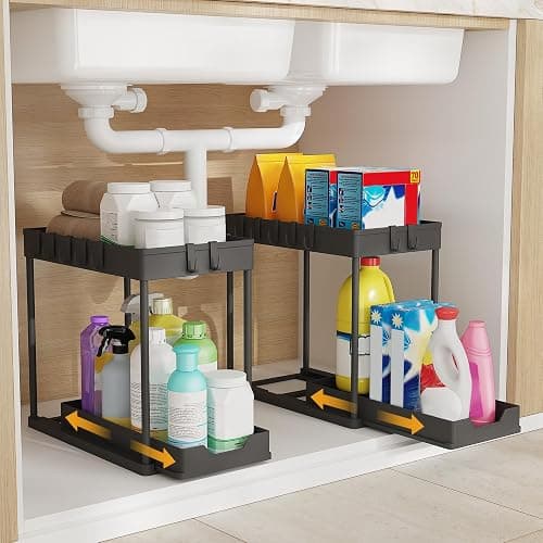 Meltrck Küchen Organizer - 2 Stück Unter Waschbecken Regal Organizer - Ausziehbares Lagerregal Organizer mit 16 Haken,Schwar thumbnail 2