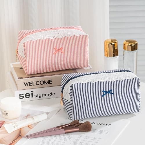 UUYUUY Makeup Bag Travel Toiletry Bag for Women, Small Cosmetic Bags with Lace Trim Cute Navy Stripe Aesthetic Organizer Makeup Pouch for Purse Emergency Bag for School Pencil Case Accessory Bag thumbnail 7