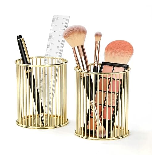 JESANWOO Gold Metal Pen Holder with Open-Grid Design – Stainless Steel Desk Organizer for Pens, Makeup Brushes & Pencils – Breathable, Rustproof, 3x3x3.9 Inch – Home Office, Vanity & Bathroom thumbnail 3
