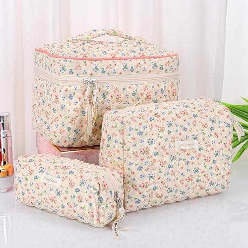 CHAMAIR Quilted Floral Makeup Bag - Coquette Skincare Bag Aesthetic Cosmetic Bag Cotton Toiletry Bag Large Capacity Travel Make Up Bag for Women Ladies Girls (Style B92) thumbnail 2