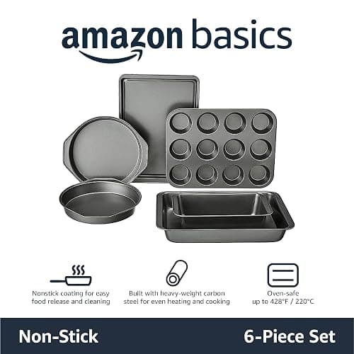 Amazon Basics 6 Piece Nonstick, Carbon Steel Oven Safe Bakeware Set with Cake, Muffin, Cookie, and Loaf Pans, 6 Piece, 16.25 x 11.75 x 6.25 inches thumbnail 3