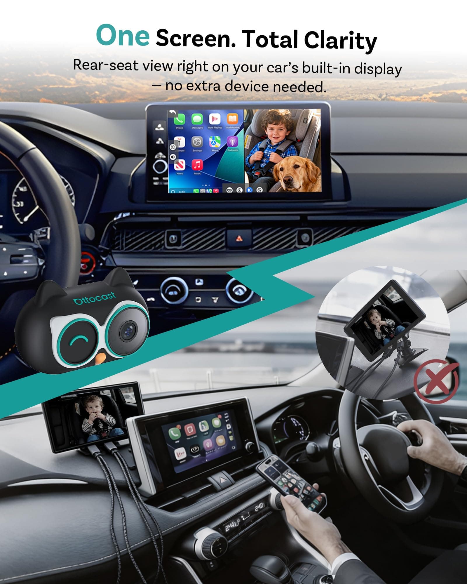 OTTOCAST Baby Car Camera &Wireless CarPlay Adapter,1080P HD Rear Seat Monitor Display on Car Screen,150°Wide Angle No-Glow Night View, Safety for Kids & Infants thumbnail 5