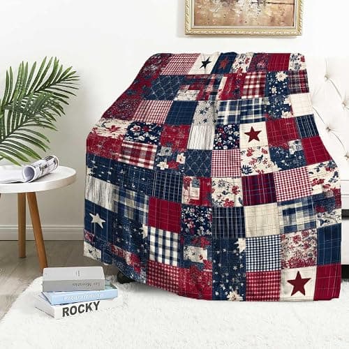 YucZiken Printed Patchwork Country Blanket Throw for Women and Men, Farmhouse Vintage Blanket Gift, Lightweight Fleece Americana Rustic Home Decor, 40"×50" - Image 1