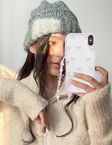 Jusy Compatible with iPhone X/XS Case, Cute Clear Ribbon Bowknot Pattern Aesthetic Soft TPU Transparent Cases Protective Phone Cover for Women Girly with Bracelet Chain - Pink - iPhone X/XS thumbnail 6