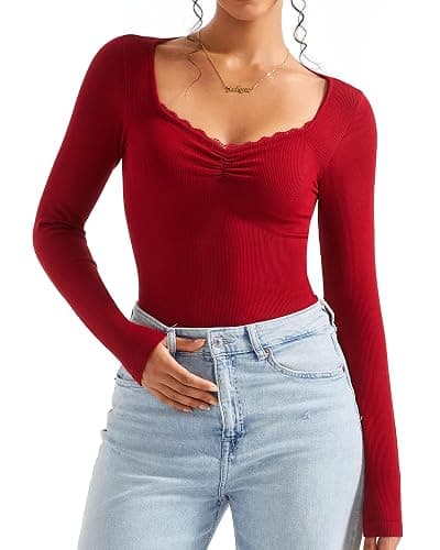 SUUKSESS Women Sweetheart V Neck Long Sleeve Tops Lace Trim Ribbed Modal Fall Going Out Shirts - Image 1