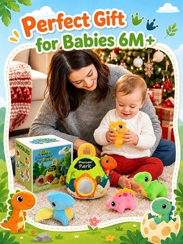 Baby Toys 6-12 Months - Soft Baby Stuffed Dinosaur with 5 Sensory Dinos | Rattle, Crinkle Paper, Squeaker, Mirror, Montessori Plush Toys for Toddlers 0-3 Years Old - Christmas Birthday Gift thumbnail 8