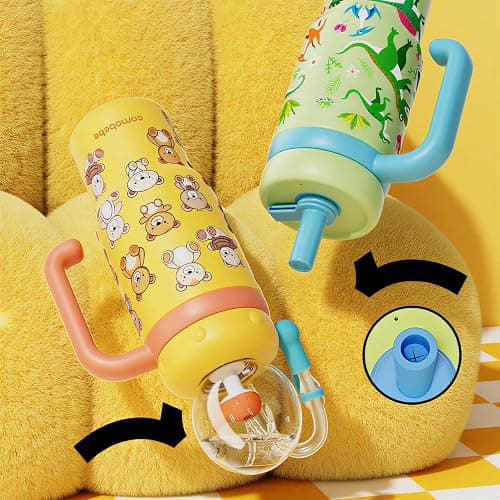 Como bebe Insulated Whale Fountain Sippy Cup, 24 oz 316 food-grade Stainless Leak-Proof Straw,Tumbler with Handle, Fits Car Cup Holders. 2 types lids for Kids, Teens & Adults V3.0 (Green dinosaur) thumbnail 14