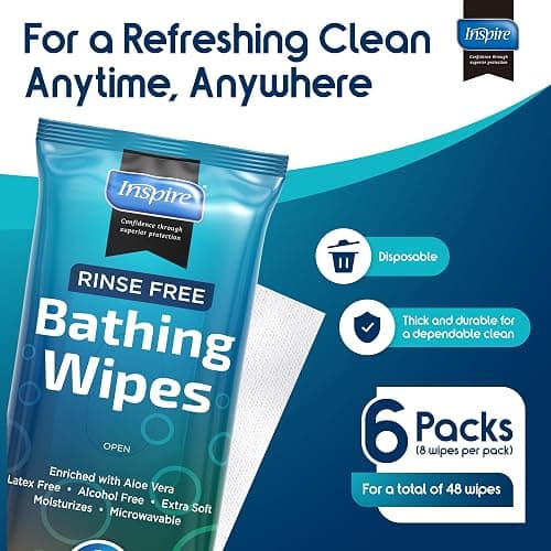 Body Wipes for adults bathing rinse free | Adult Wash Cloths Extra Large, Bathing Wipes for Incontinence, 8"x 8" In (48 count) | By Inspire thumbnail 3