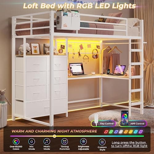 DICTAC Twin Size Loft Bed with L-Shaped Desk and 7 Storage Drawers,Metal Twin Loft Bed for Kids with LED Lights and Charging Station,13.11" H Safety Guardrail and Ladder,No Box Spring Needed, White thumbnail 4