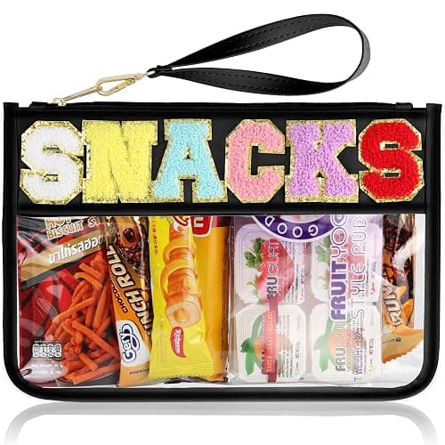 Snack Bag for Travel - Clear Chenille Varsity Letter Flat Pouch with Zipper, 12.2×8.46 inch Waterproof Clear Nylon Preppy Patch Makeup Cosmetic tote Bags for Women Girls - Image 1