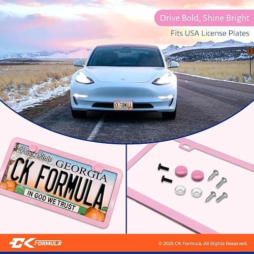 Premium Baby Pink License Plate Frames 2-Pack, Rust-Proof & Rattle-Proof Stainless Steel, Street Legal, Universal Slim Fit with Screw Caps, Cute & Durable Car Tag Holders, Car Accessories for Women thumbnail 5