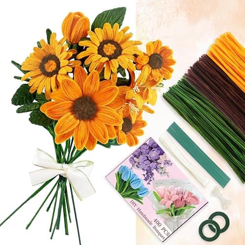 400 Pcs Golden Pipe Cleaners Craft for Flowers, 3 Colored Pipe Cleaner Flower Kit, Pastel Chenille Stems for Handmade Bouquet Wrapping Party Decorations with Floral Wire, Ribbons, Tape - Image 1