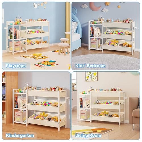 CYXPHION B7 Toy Storage Organizer with 3-Tier Wooden Shelves and 8 Bins, Toy Chest Storage, Toy Shelf Organizer, Kids Bookshelf and Toy Storage for Kids Room, Bedroom, Playroom, Nursery, White thumbnail 8