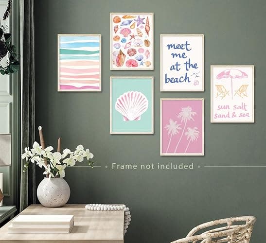 6Pcs Pink Beach Preppy Canvas Wall Art Colorful Coastal Seashell Picture Wall Decor Seaside Beachy Palm Tree Aesthetic Posters Cute Summer Ocean Painting Print Artwork for Girls Bedroom Dorm Apartment thumbnail 7