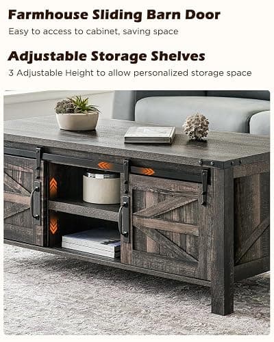 OKD 48" Farmhouse Lift Top Coffee Table with Sliding Barn Door,Rustic Center Table with Hidden Storage Compartment,Lifting Tabletop and Adjustable Shelf for Living Room,Office,Dark Rustic Oak thumbnail 6