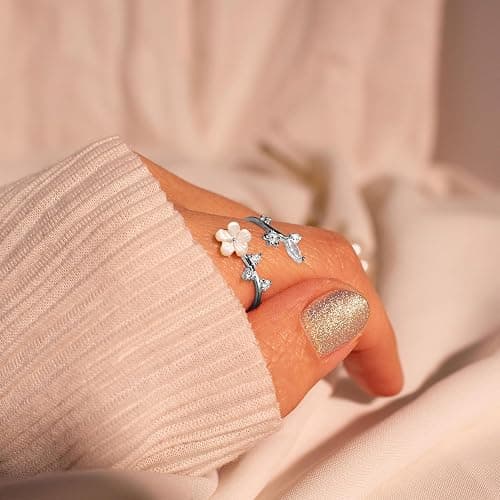 Gold Rings for Women Birthstone Adjustable Flower Non Tarnish Jewelry | 14K gold, rose gold & silver plated, mother of pearl flower with cubic zirconia, fits sizes 7-11, birthday gift thumbnail 2