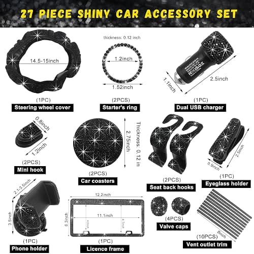 Suvnie 27PCS Bling Car Accessories Set for Women, Crystal Rhinestone Universal Steering Wheel Covers Fit 15 Inch, License Plate Frame, Phone Holder, Air Vent Outlet Trim, Coasters (Black) thumbnail 2