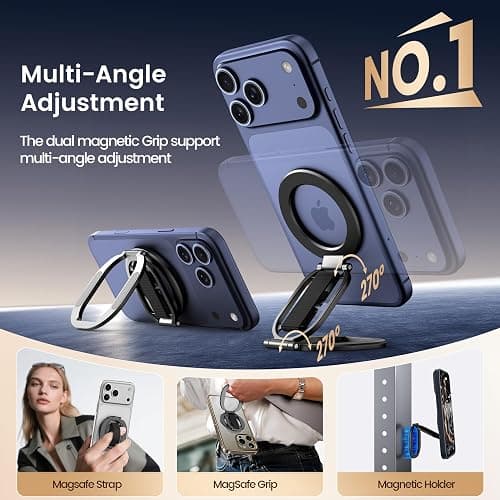 GMETINK Foldable Double Sided Ring Magnetic Phone Grip & Kickstand, Finger Loop Strap Phone Ring Holder Compatible with MagSafe iPhone 17/16/15/14/13/12 Series and MagSafe Cases(Black) thumbnail 6