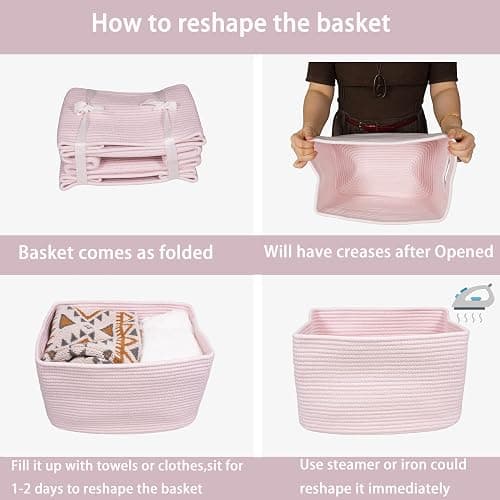 Cotton Rope storage Basket Bins Woven Basket for Organizing Shelves 15X10X9.3" Rectangle Decorative Baskets For storage Clothes Toys Books Towels Nursery basket organizer 3 pack light pink thumbnail 7