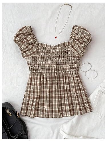 SOLY HUX Girl's Gingham Tops Y2K Cute Blouse Summer Sweetheart Neck Shirts Aesthetic Clothes thumbnail 2
