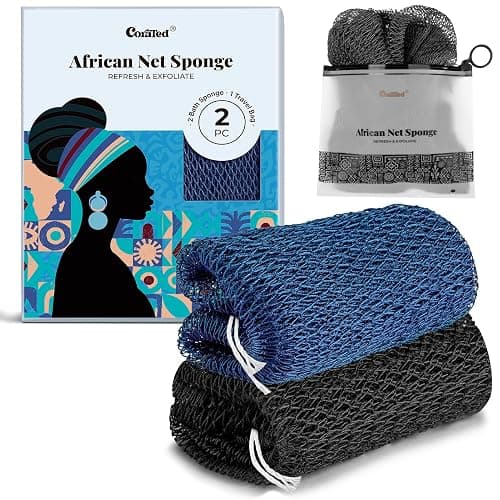 CORATED African Net Sponge Authentic, Shower Loofah Exfoliating Bath Sponge, Body Scrubber for Women and Men Daily Use Body Care, Travel Portable Bath Accessories for Bathroom (Blue & Black) - Image 1