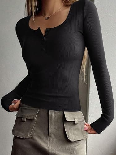 REORIA Women's 2025 Fall Long Sleeve Henley T Shirts Button Ribbed Knit Slim Fit Casual Basic Tops Blouse thumbnail 5