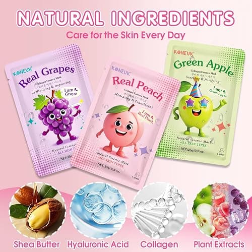 14 Pack Fruit Face Masks Skincare for Kids, Sheet Hydrating Facial Mask | Suitable All Skin Types, Bulk Collagen Face Mask for Women Skin Care, Birthday Party Spa Gifts for Teens Girls thumbnail 3