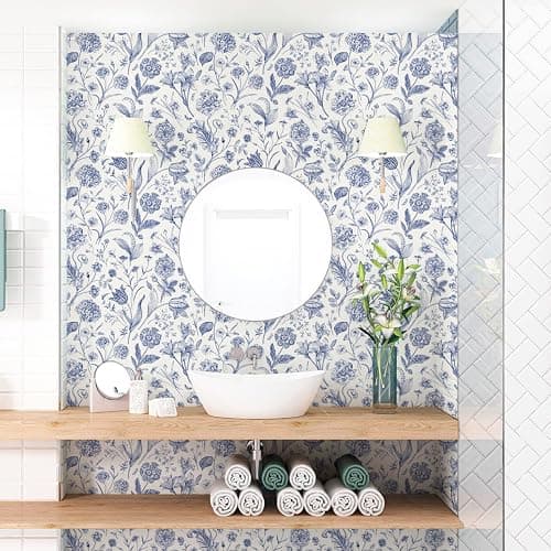 lenify Floral Peel and Stick Wallpaper Blue Contact Paper 16.9inch x 118.1inch Blue and White Wallpaper Boho Removable Vintage Wall Paper Self Adhesive Flower Decor Vinyl for Cabinets Drawer thumbnail 7