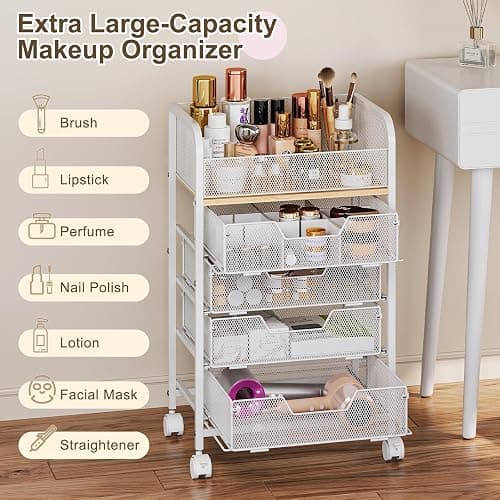 Hongtamoya Makeup Cart Organizer with 4 Drawers, Large Floor Skincare Organizers, Vanity Storage Organizer Cosmetics Display Cases for Skin Care Perfume Nail Polish, White (Patent Pending) thumbnail 7