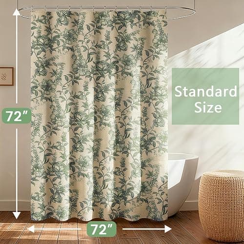 Farmhouse Sage Green Floral Shower Curtain with 12 Clear Rings 72"W x 72"L | Boho Fabric Faux Linen Shower Curtain Set, Vintage Cottagecore Shower Curtain for Bathroom thumbnail 2