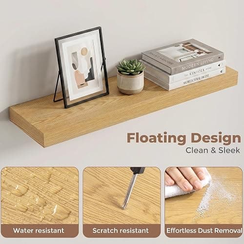 24 Inch Floating Shelves for Wall, 6.5"D Wood Storage Shelves, Oak Finish | Engineered Wood, Invisible Bracket, Large Storage, Easy Install, Hold Up to 44lbs, Living Room, Bathroom, Bedroom, Kitchen thumbnail 6